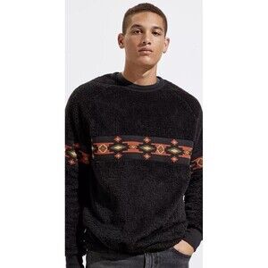 Urban Outfitters Mens Medium Pullover Crew Neck Sweater Black Aztec Sherpa Cozy